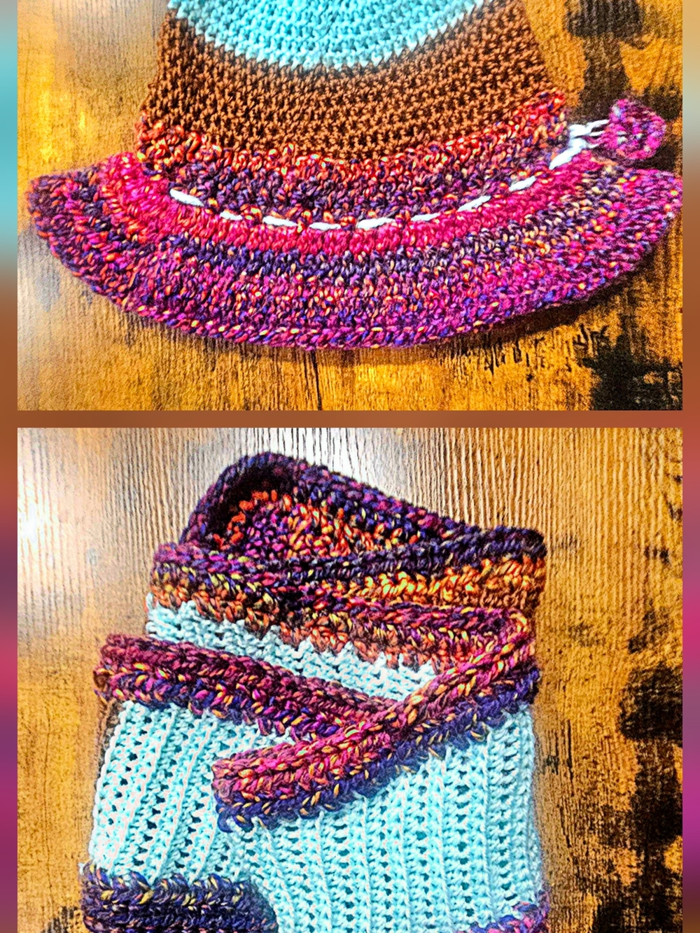 Handmade Crochet Beanie with Multicolor Brim and Matching Scarf